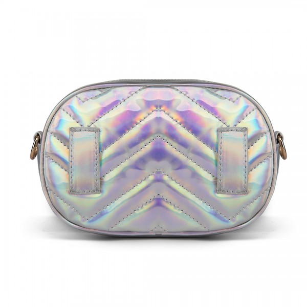 LH6834 - Miss Lulu Quilted Heart and Chevron Cross Body and Bum Bag - Iridescent Silver